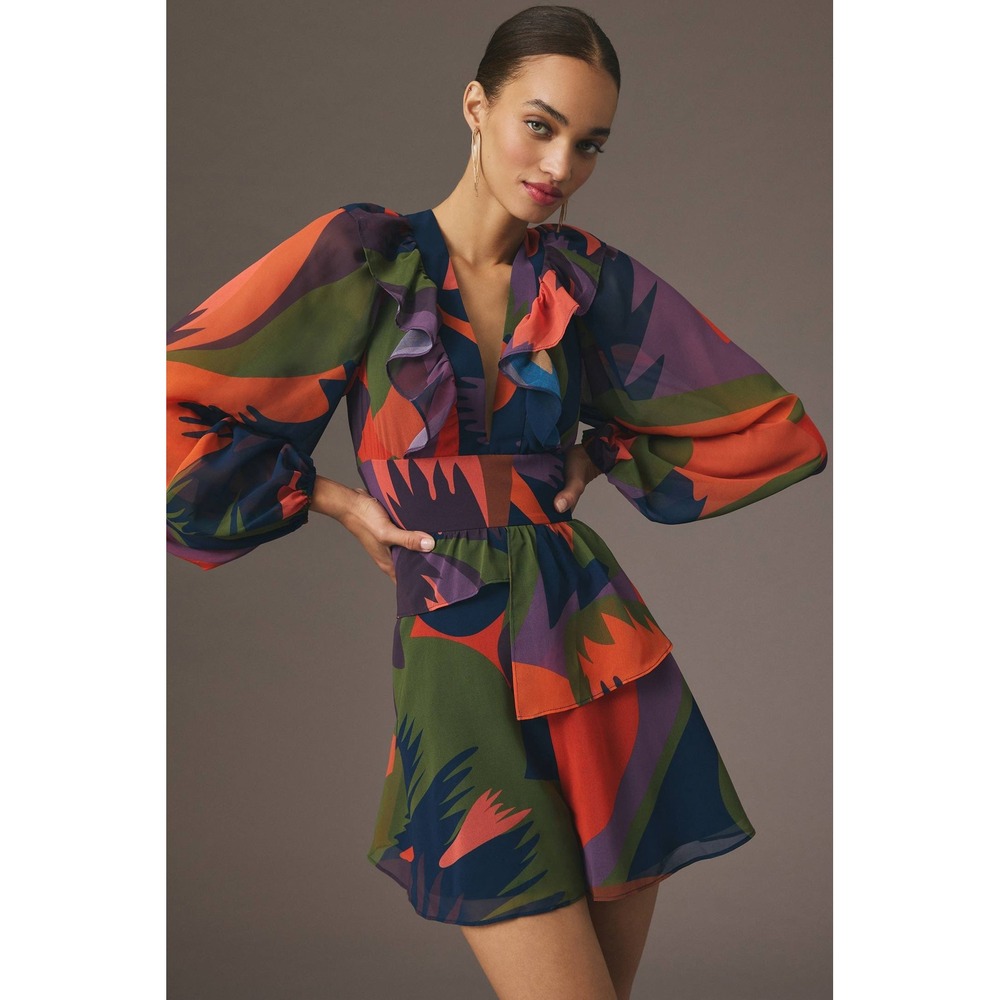 Hutch Abstract Ruffle Romper Dress Women M Multi-Color V-Neck Balloon Sleeve